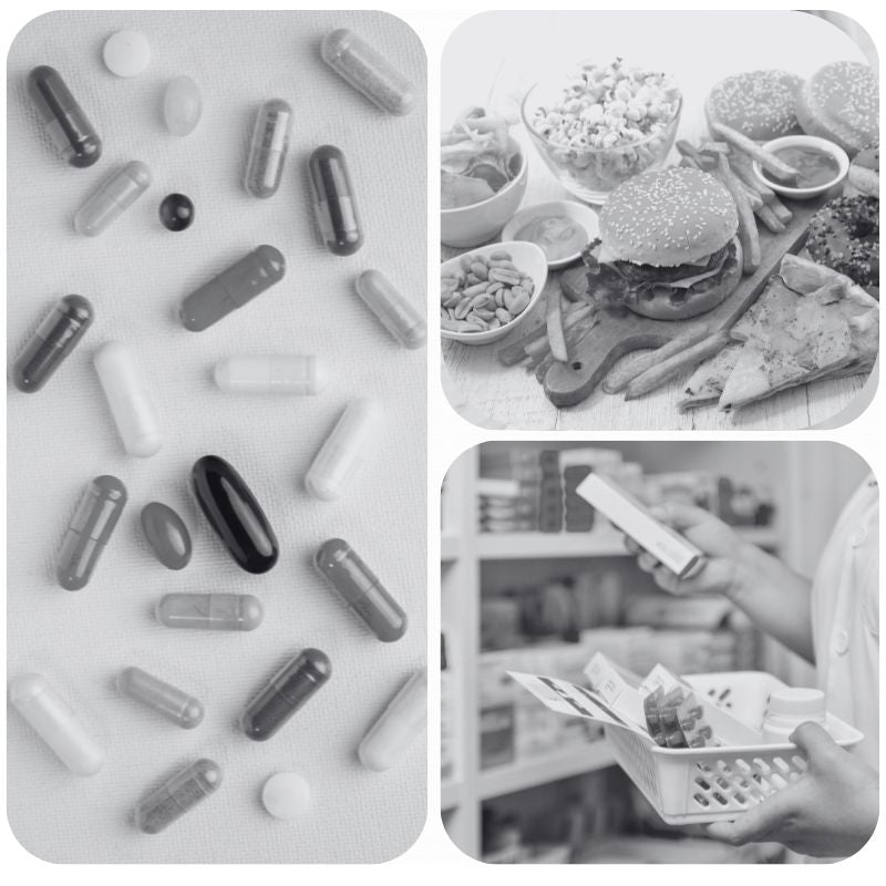 Assorted capsules and tablets; burger, fries, pizza and snacks; person holding medicine boxes in a pharmacy basket