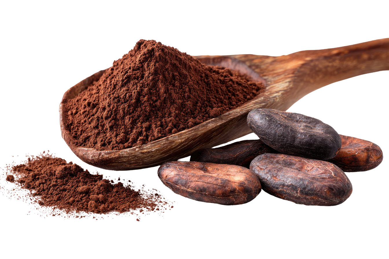 Wooden spoon heaped with cocoa powder beside whole roasted cocoa beans on black background