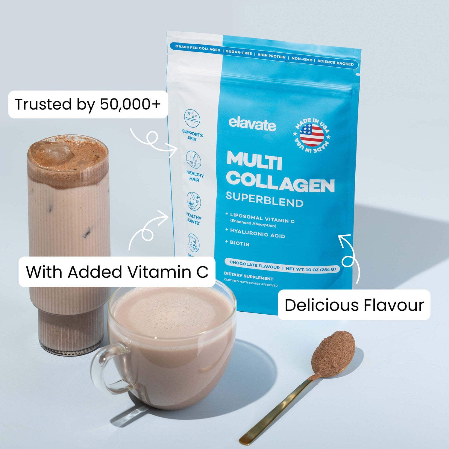 elavate Multi Collagen Superblend pouch, chocolate flavour with prepared shake, cup and spoon of powder