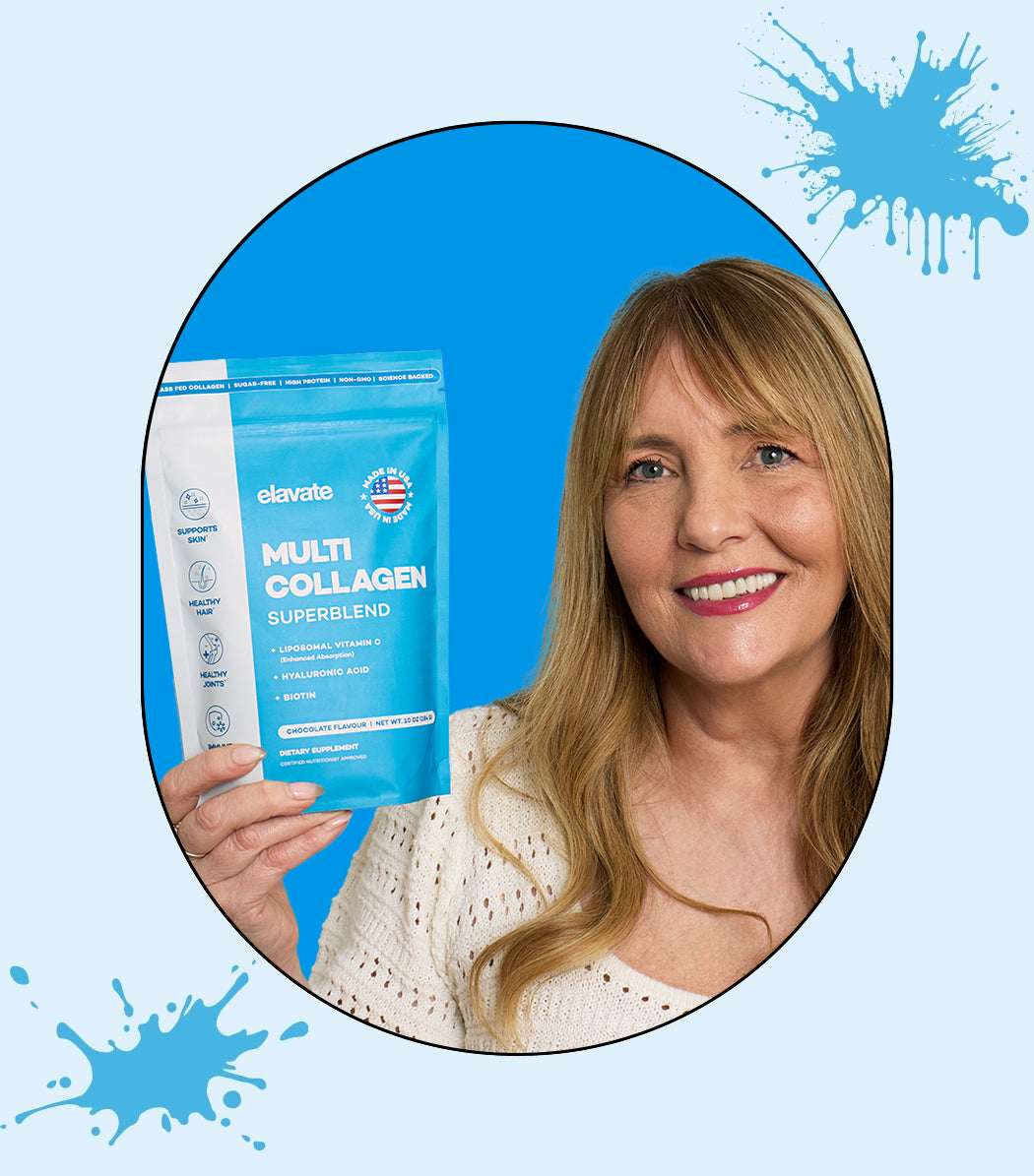 Smiling woman holding blue pouch labeled elavate MULTI COLLAGEN SUPERBLEND