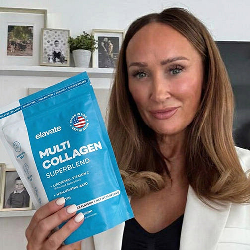 Woman holding blue packet labeled elavate MULTI COLLAGEN SUPERBLEND LIPOSOMAL VITAMIN C HYALURONIC ACID MADE IN USA