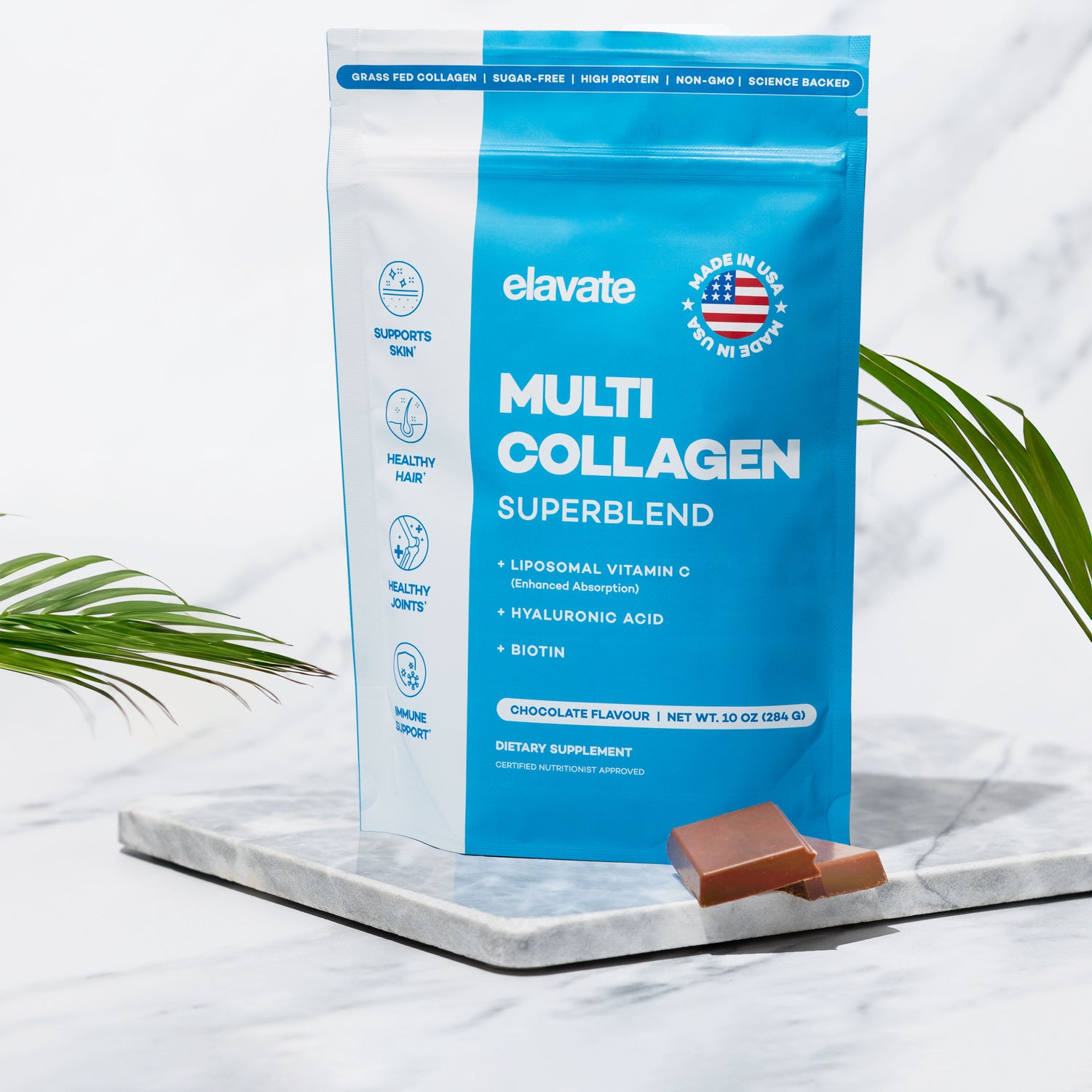 elavate MULTI COLLAGEN SUPERBLEND, CHOCOLATE FLAVOUR, LIPOSOMAL VITAMIN C, HYALURONIC ACID, BIOTIN, MADE IN USA