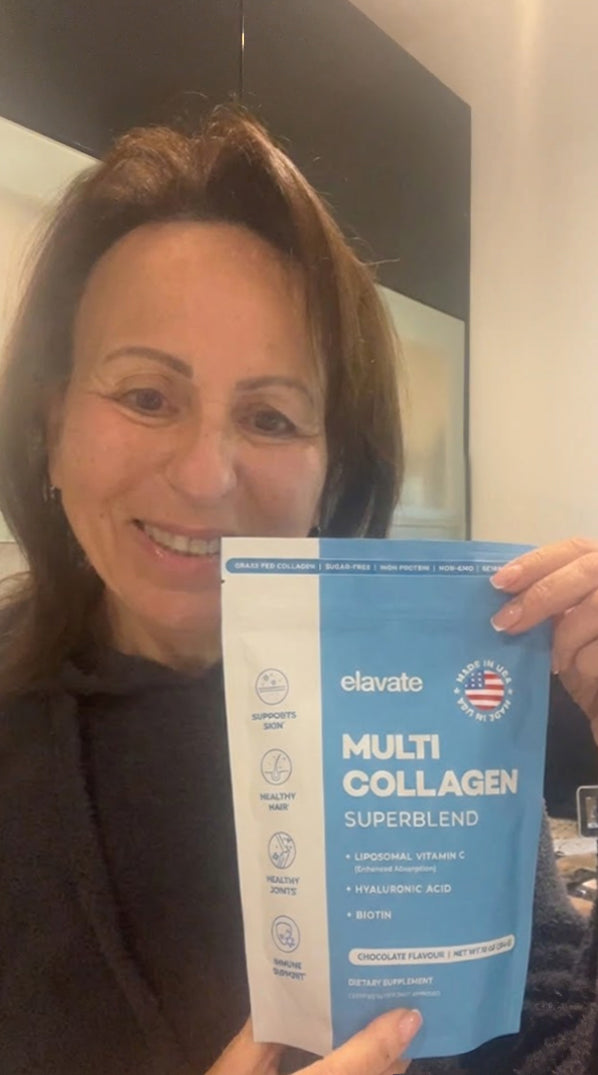 Woman holding elavate MULTI COLLAGEN SUPERBLEND pouch showing MADE IN USA, CHOCOLATE FLAVOUR, DIETARY SUPPLEMENT