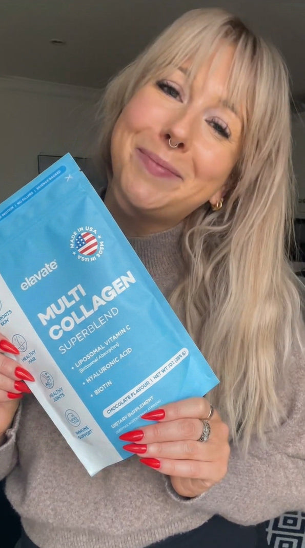 elavate MULTI COLLAGEN SUPERBLEND LIPOSOMAL VITAMIN C HYALURONIC ACID BIOTIN CHOCOLATE FLAVOUR DIETARY SUPPLEMENT MADE IN USA