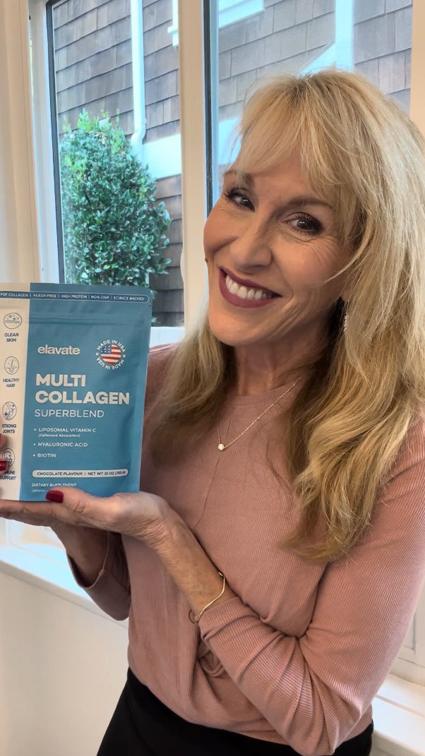 Smiling woman holding a bag labeled 'elavate MULTI COLLAGEN SUPERBLEND (Chocolate flavour)'