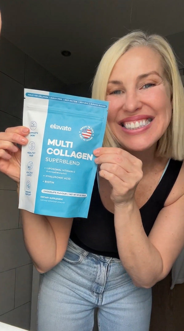 Woman smiling holding elavate Multi Collagen Superblend pouch — Chocolate flavour dietary supplement, Made in USA.