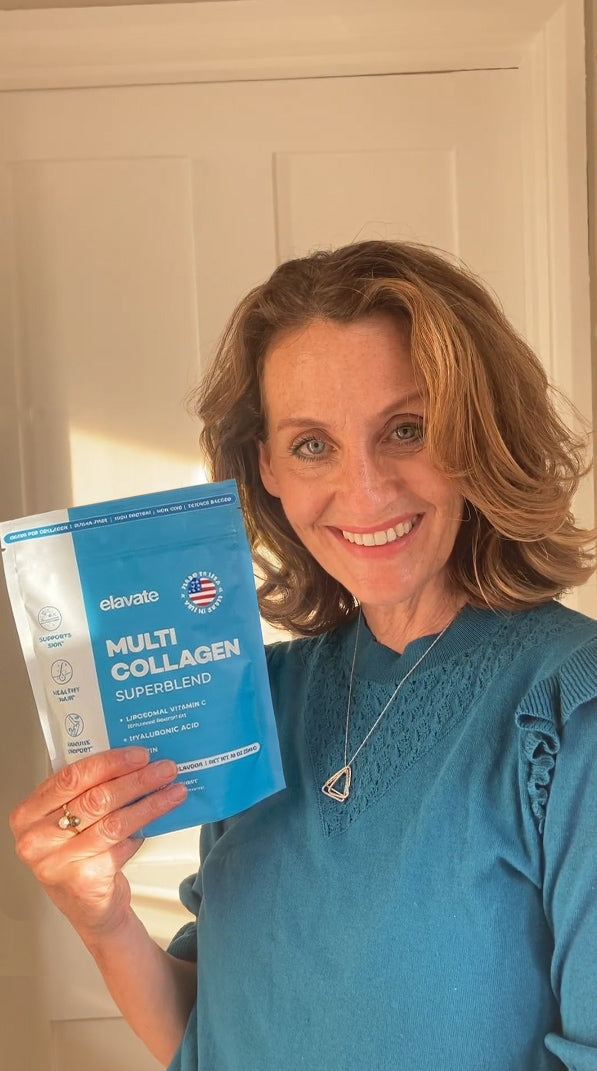 Smiling woman holding a blue packet labeled 'elavate MULTI COLLAGEN SUPERBLEND' — text: LIPOSOMAL VITAMIN C; HYALURONIC ACID; MADE IN THE USA.