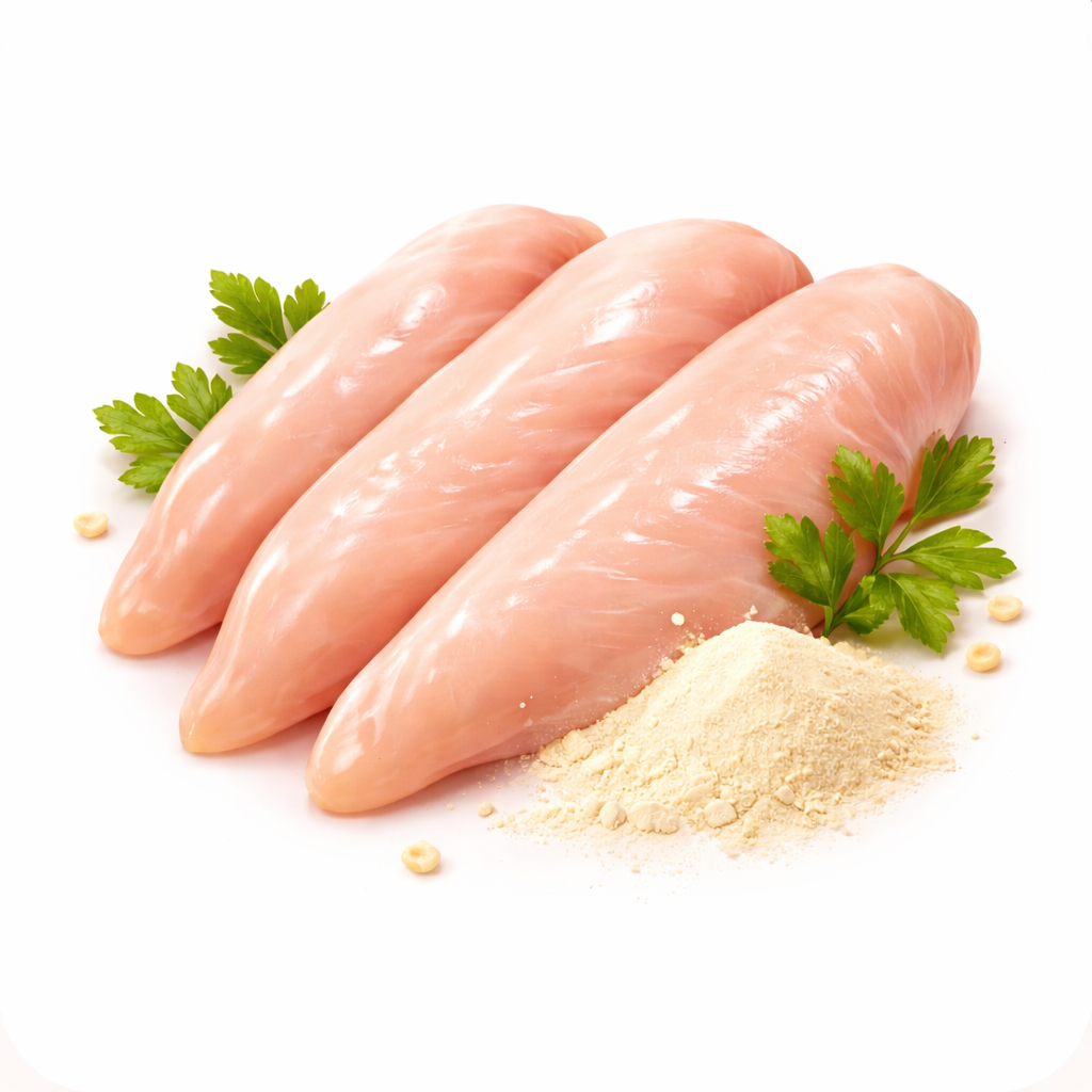 Three raw chicken tenderloins with parsley sprigs and a small mound of flour on white background.